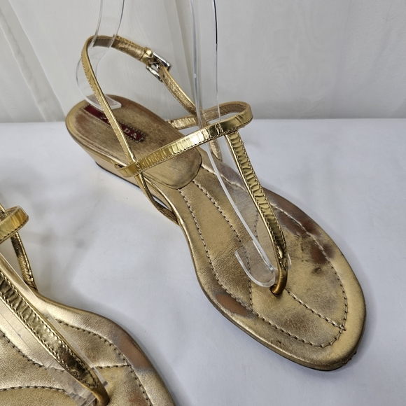Prada Gold Leather T-Strap Wedge Sandals Size 38 - Picture 3 of 11
